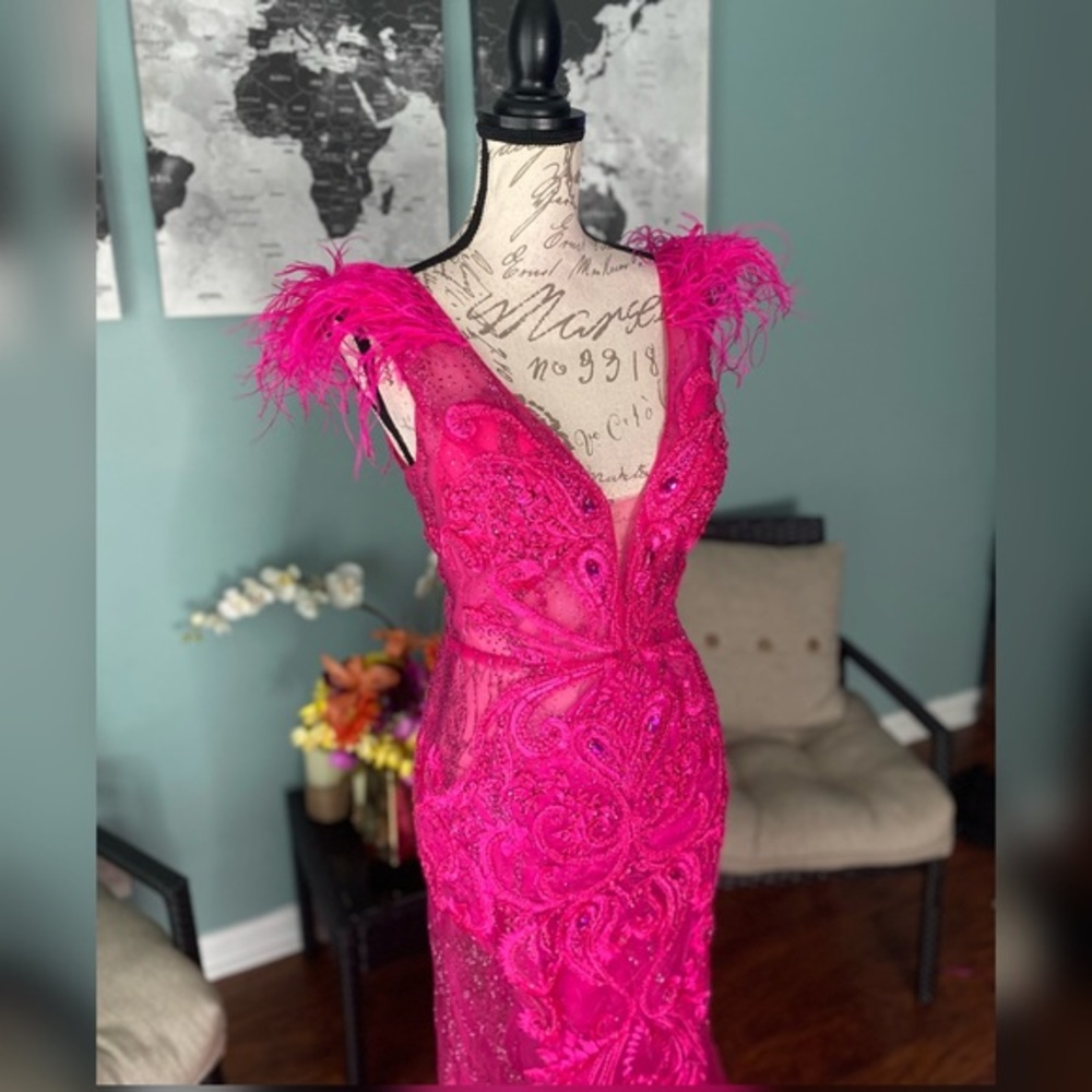 Portia & Scarlett sparkly feather hot pink evening gown or pageant formal dress